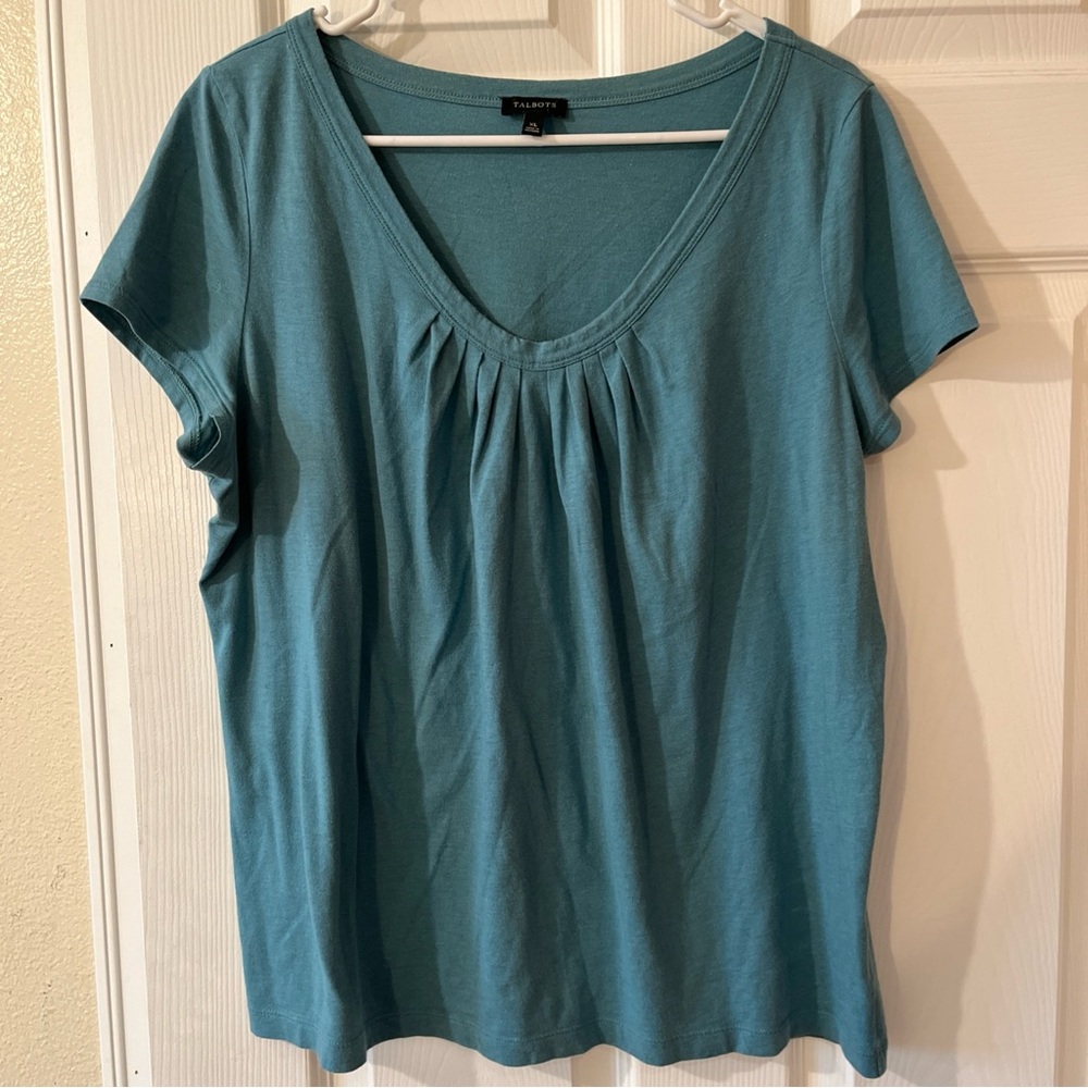 Talbots XL Green Blue Teal Short Sleeve Scoop Pleated Neckline Top